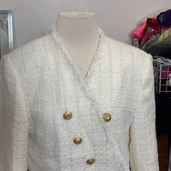 Zara Ivory Tweed Frayed Blazer (Like Balmain) Size XL Women Extra Large - Picture 7 of 16